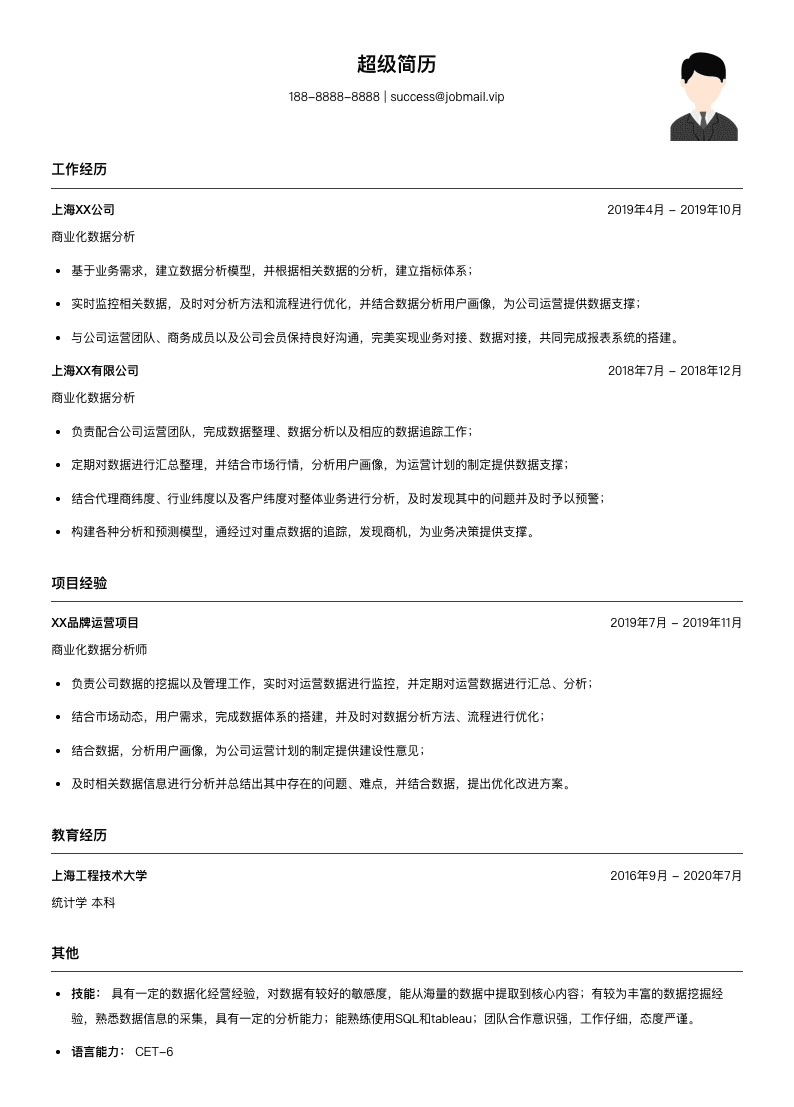 初级商业化数据分析工程师（适合应届生）简历模板