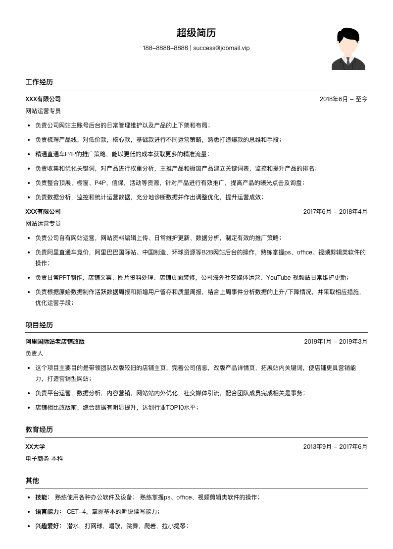 网站运营专员简历模板