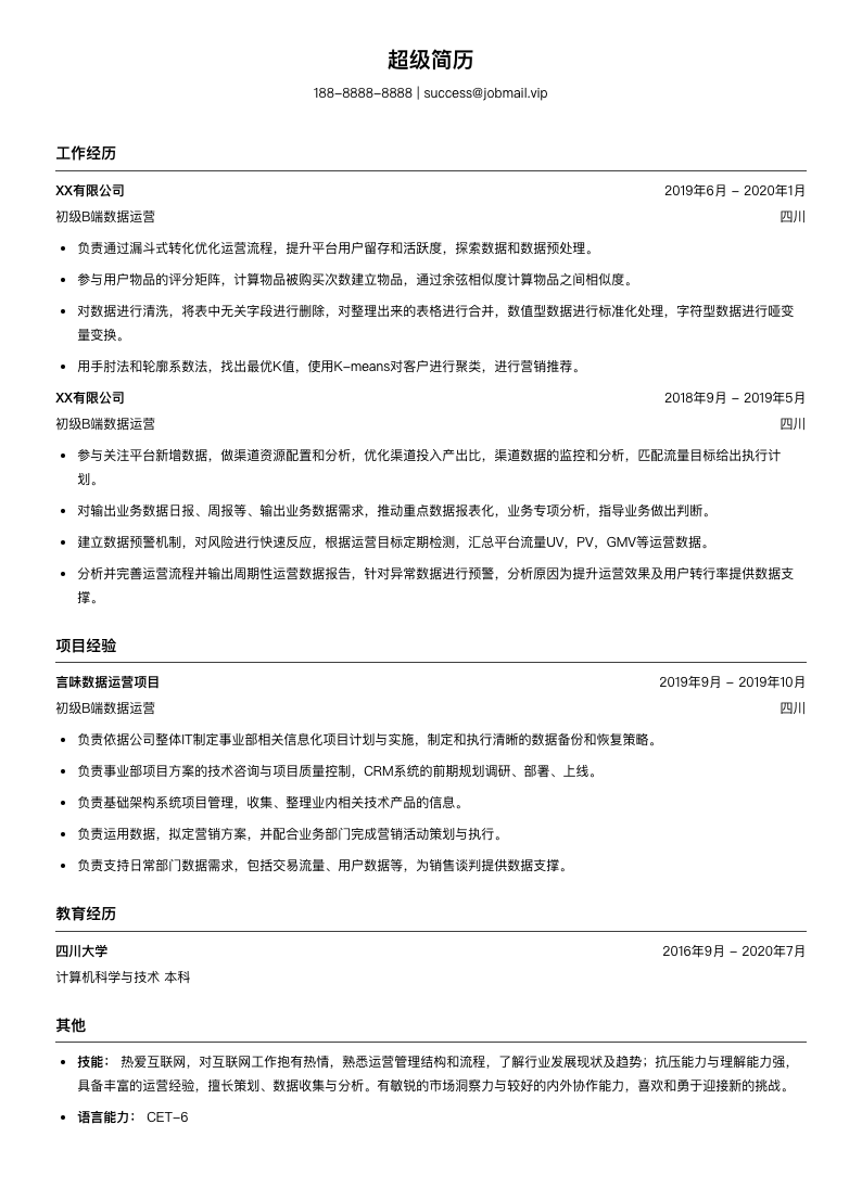 初级B端数据运营（适合应届生）简历模板