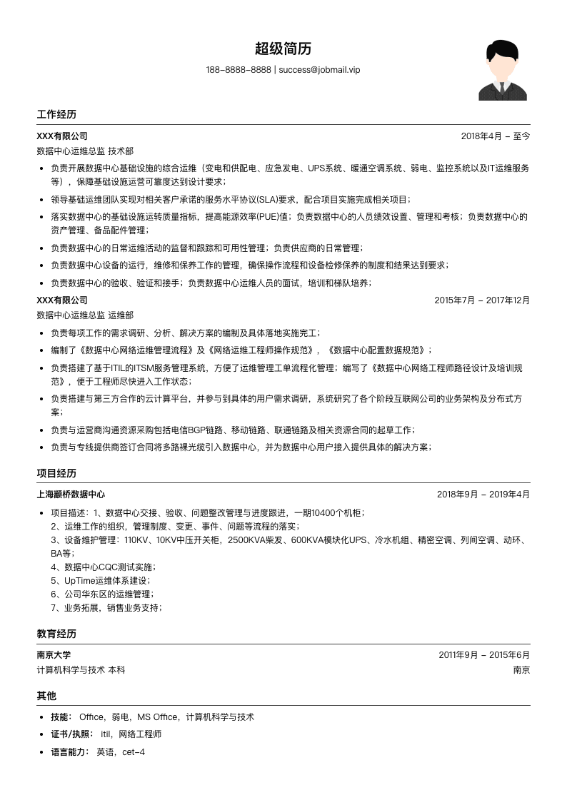 数据中心运维总监简历模板