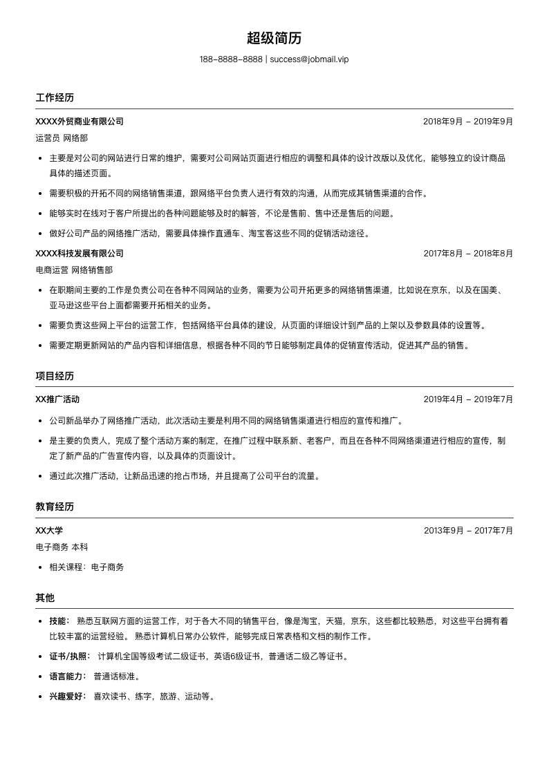 电商运营求职简历模板