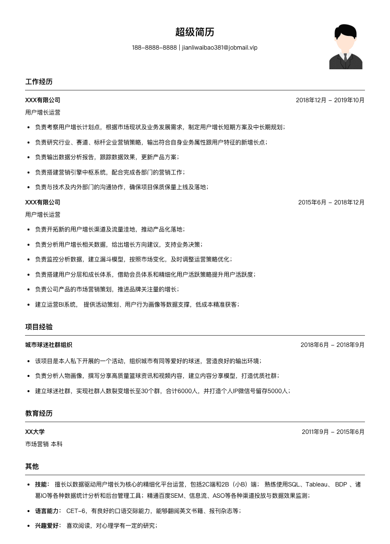 用户增长运营简历模板