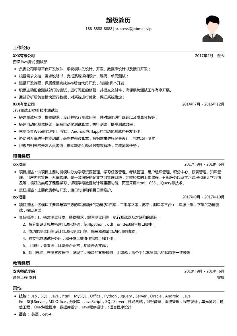 资深java测试简历模板
