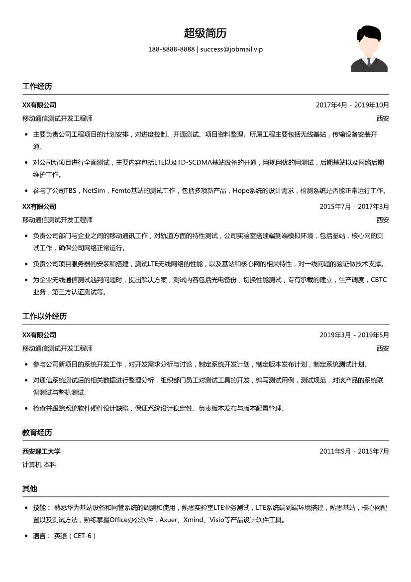 移动通信测试开发工程师简历模板