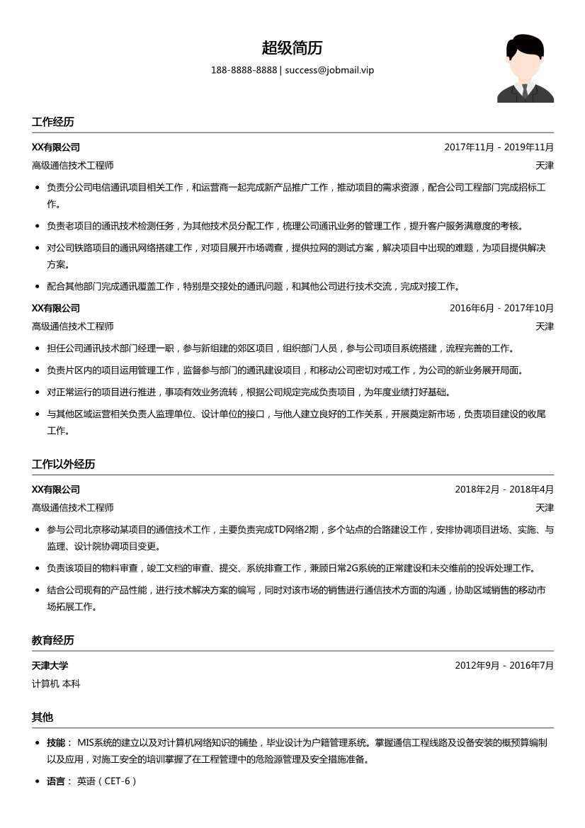 高级通信技术工程师简历模板