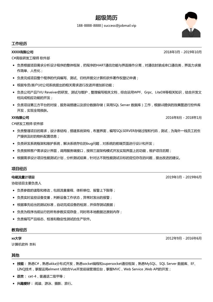 C#高级研发工程师简历模板