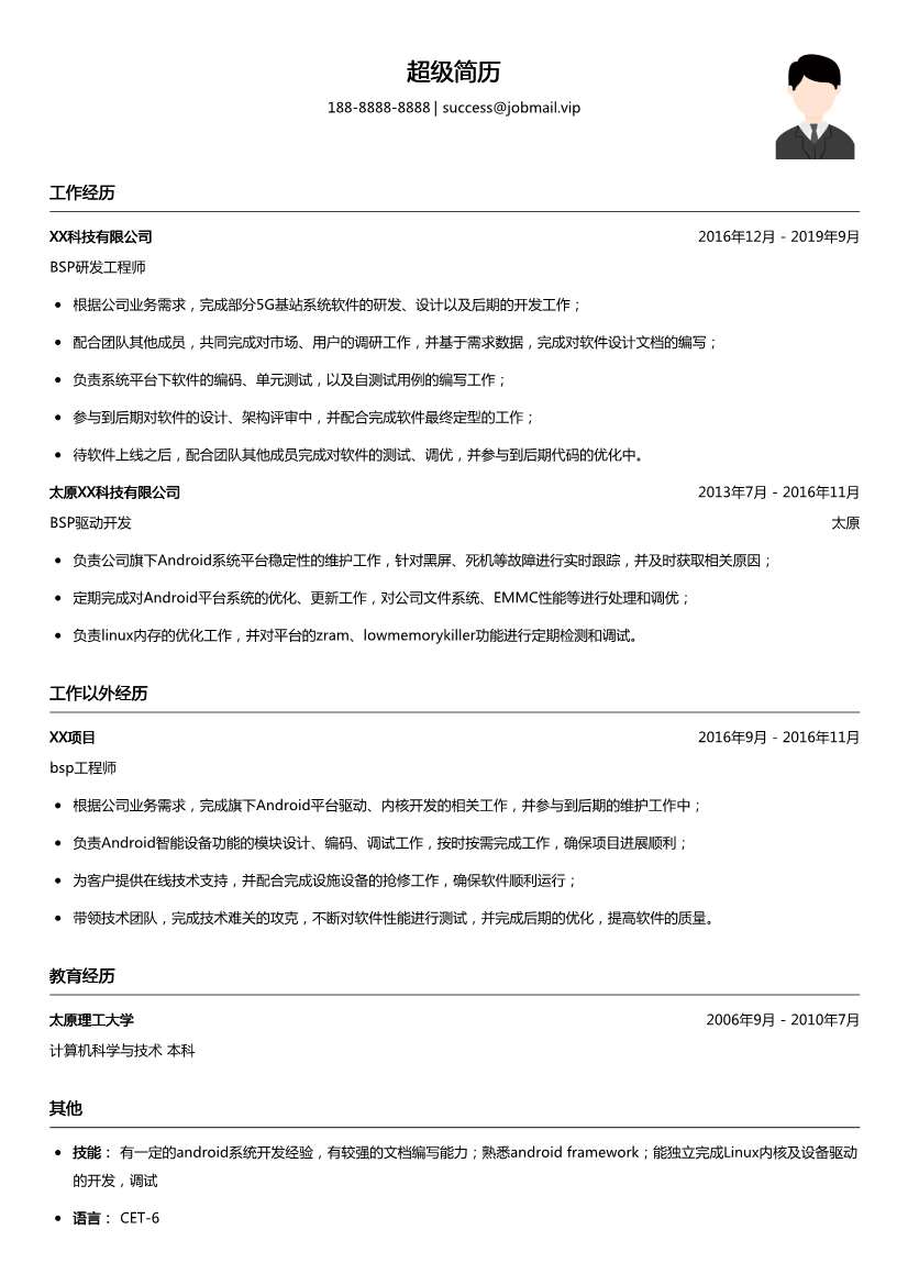 通信技术实现BSP工程师简历模板