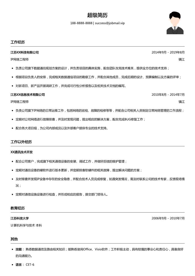 数据通信（IP网络）工程师简历模板