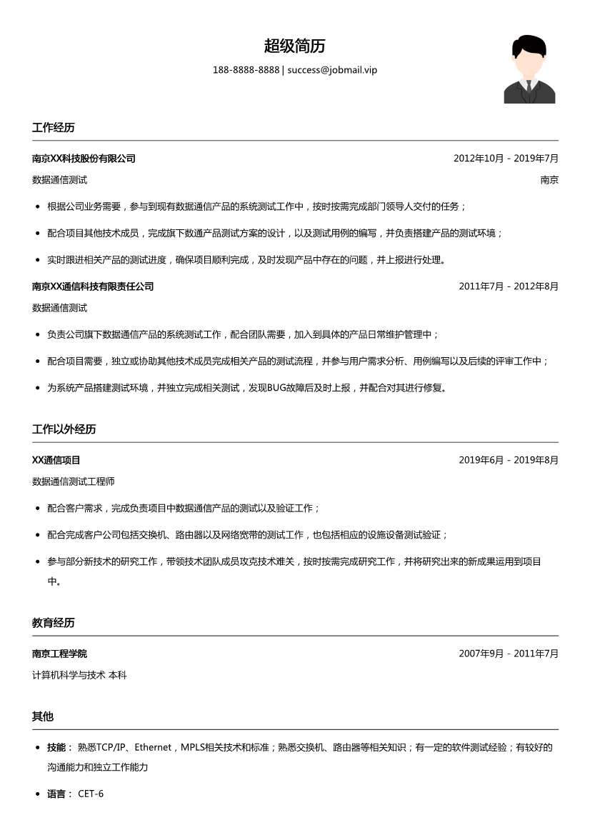 数据通信测试工程师简历模板