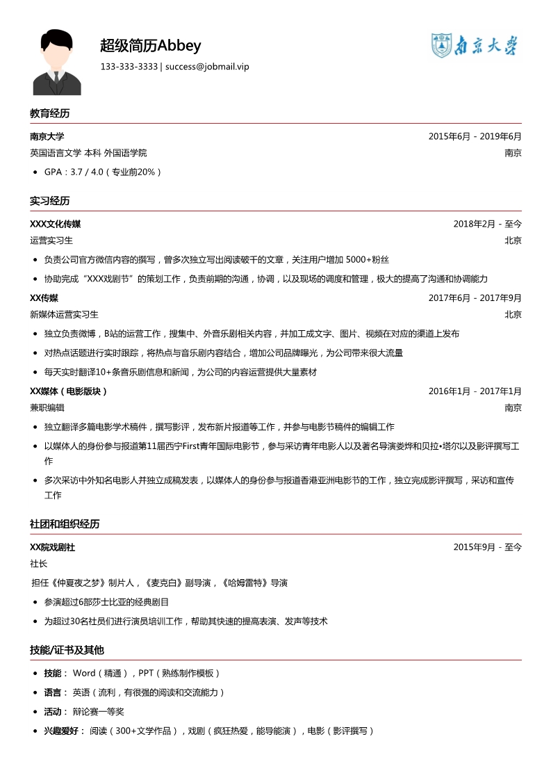 大学生简历模板（媒体运营）