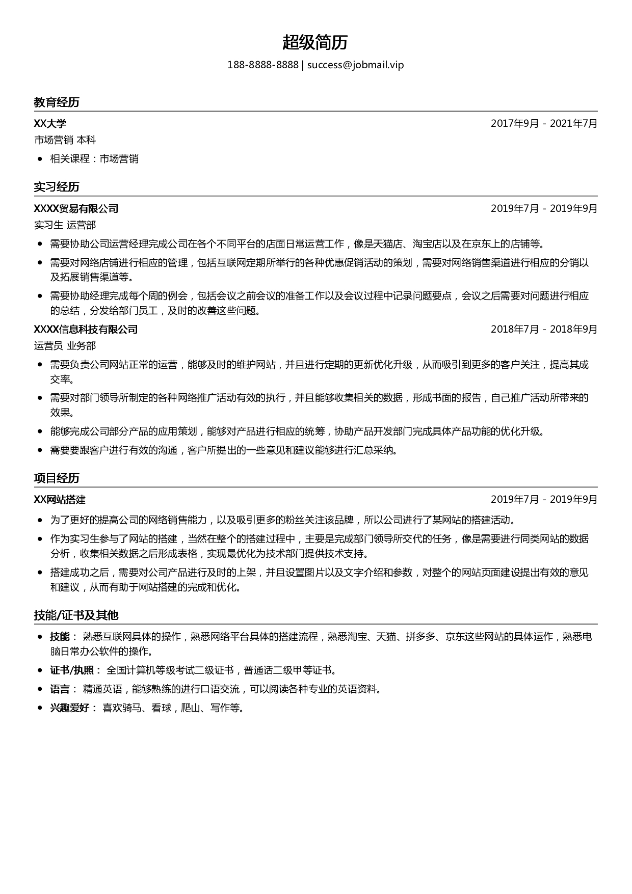 电子商务运营实习生简历模板