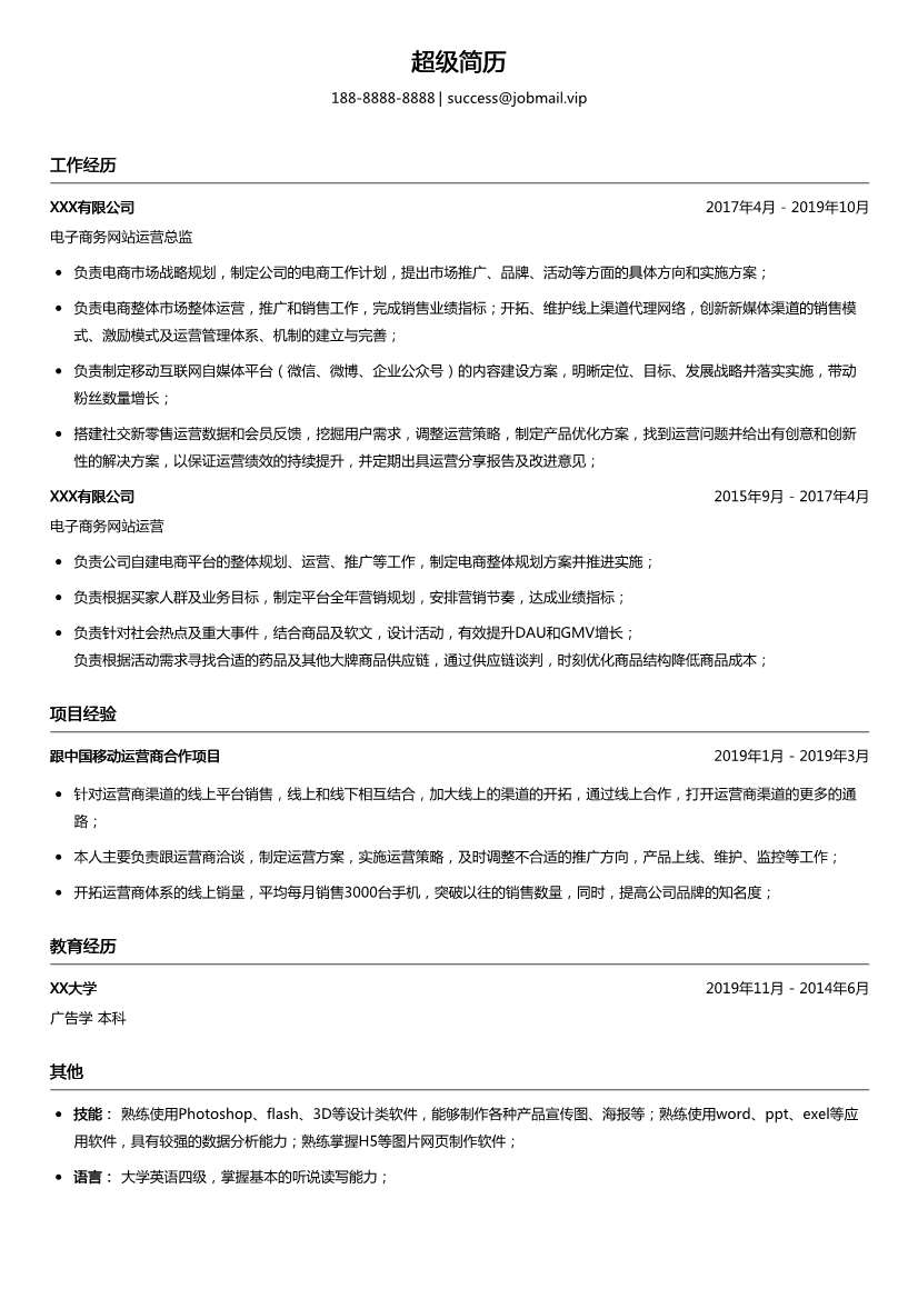 电子商务网站运营简历模板