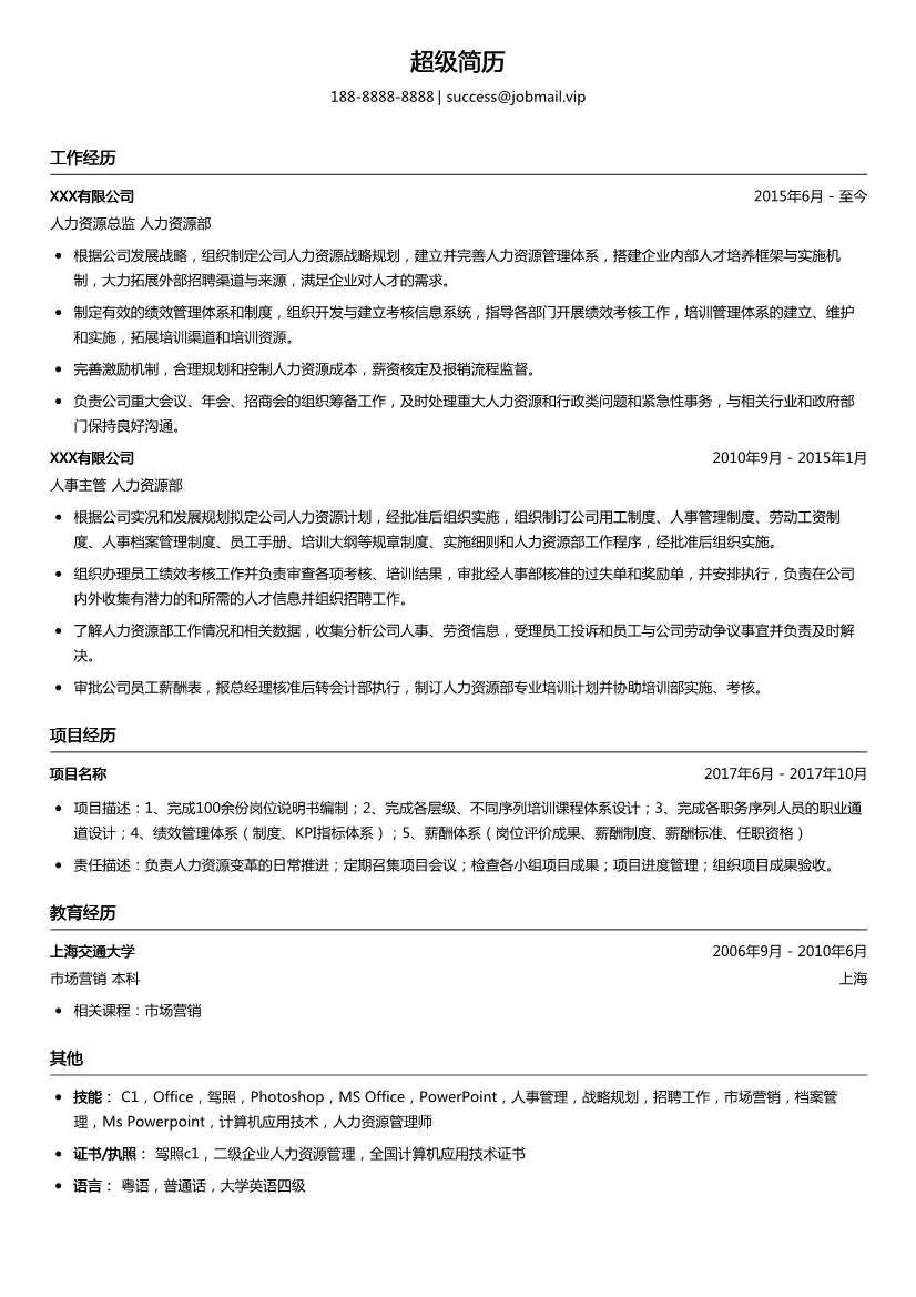 人力资源总监（HRD）简历模板