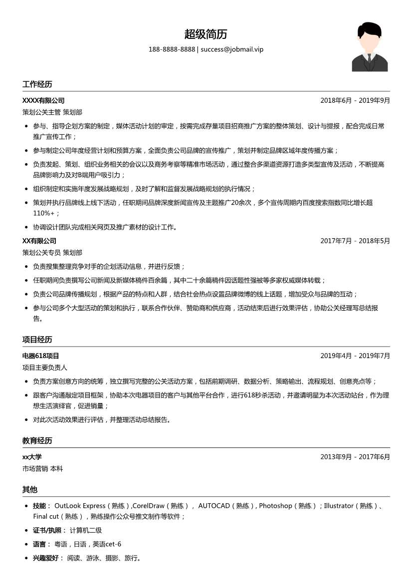 策划公关主管简历模板