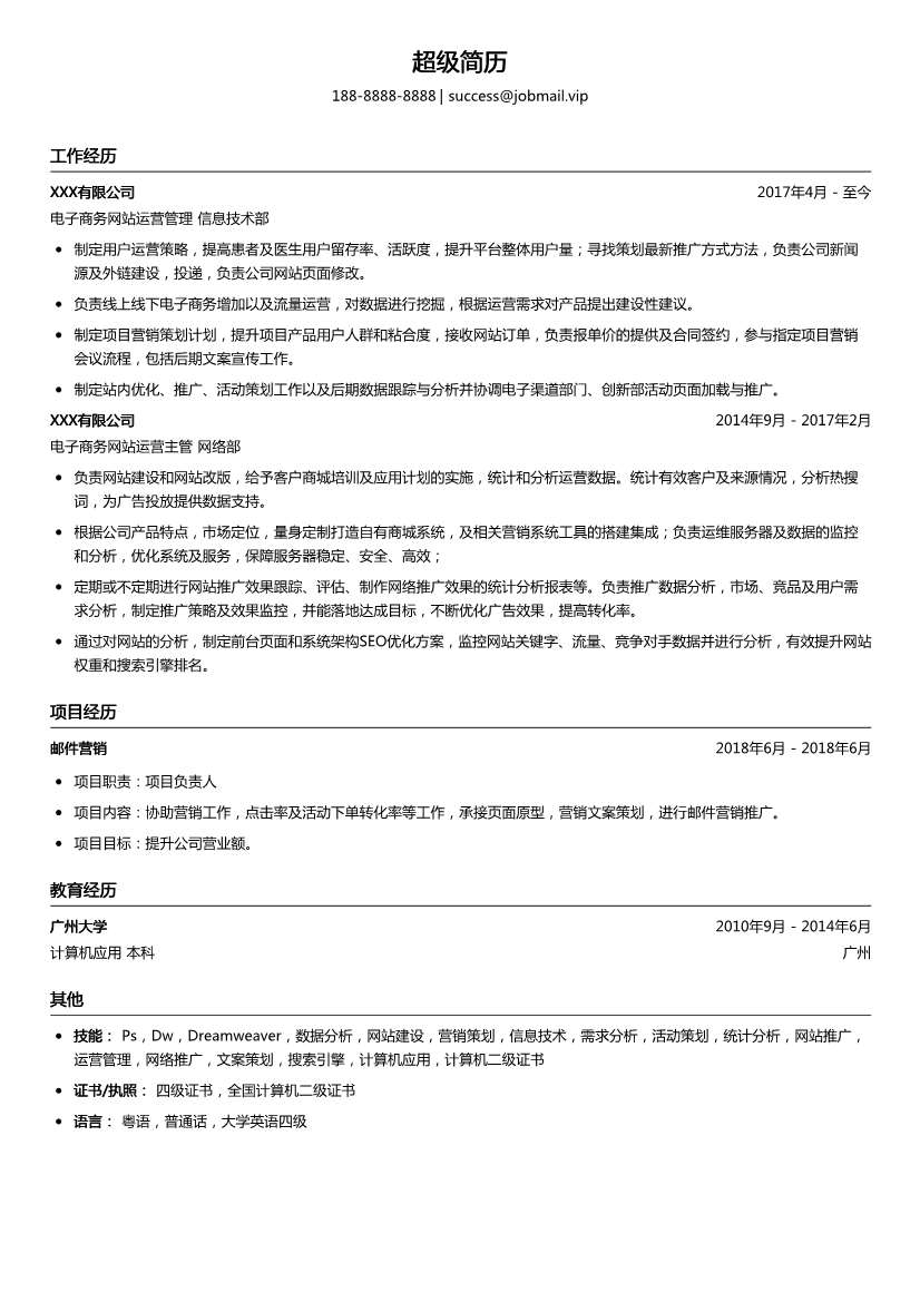 电子商务网站运营管理简历模板