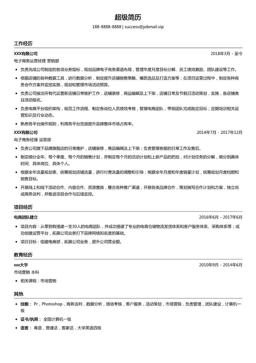 电子商务运营经理简历模板