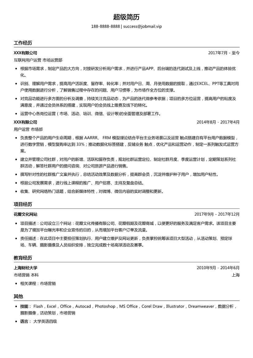 互联网用户运营个人简历模板
