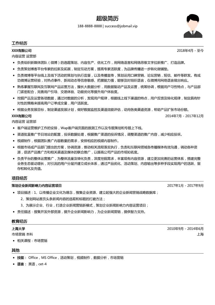 内容运营简历模板（求职）