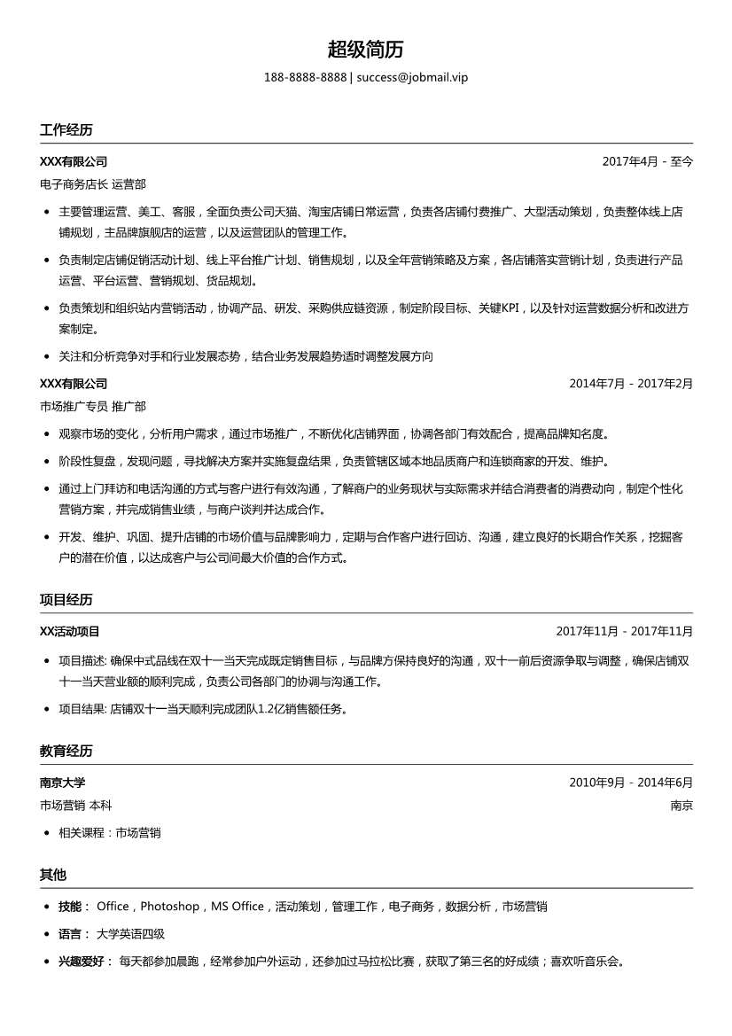 电子商务运营店长简历模板