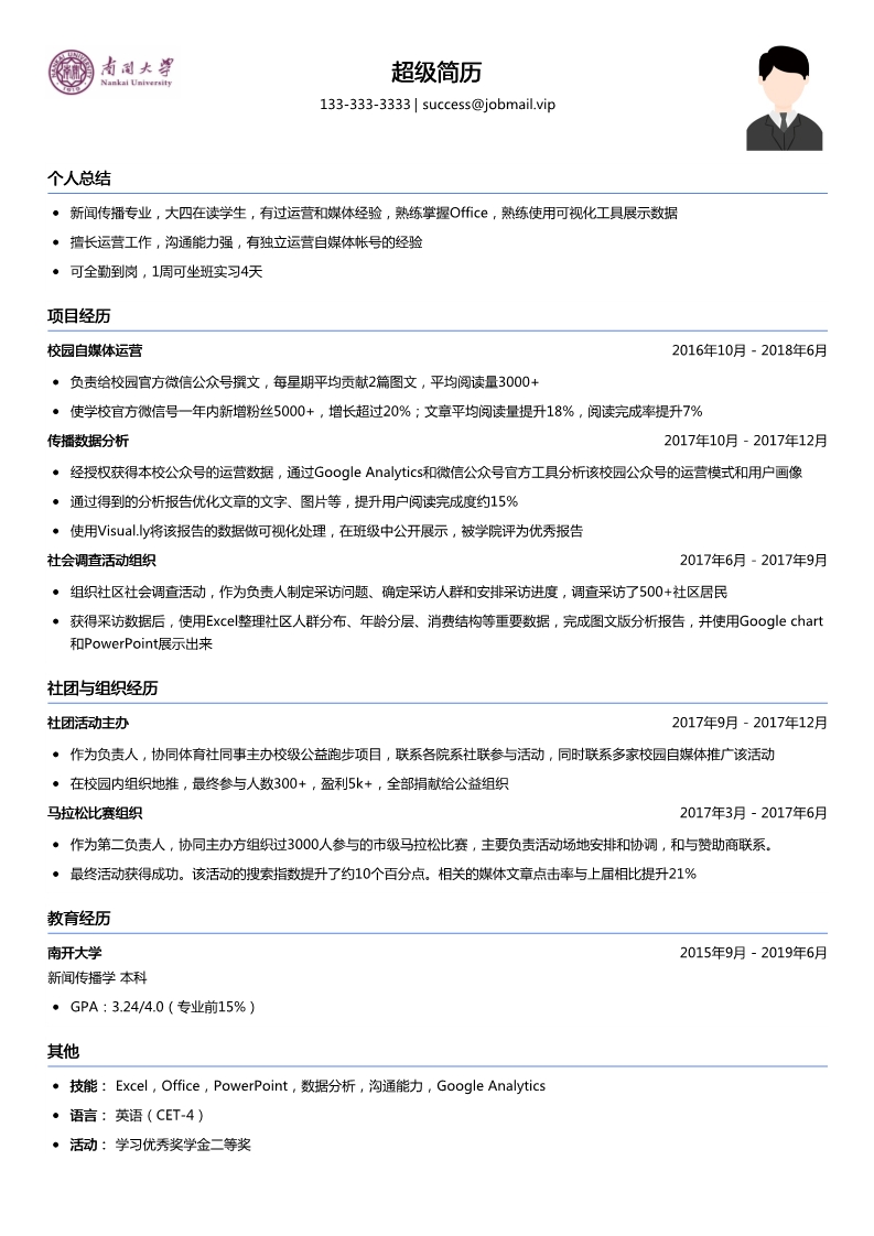 实习生简历模板(媒体运营类)