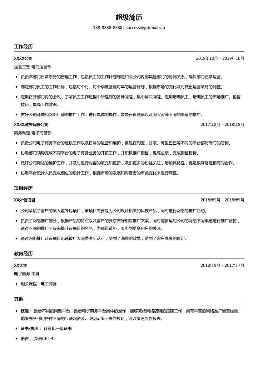 电商运营部门主管简历模板