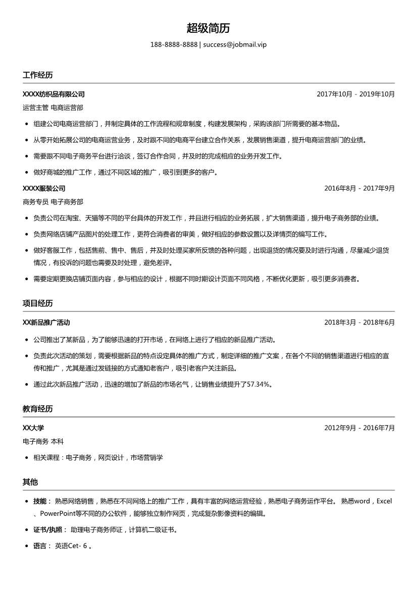 电商运营商务专员简历模板