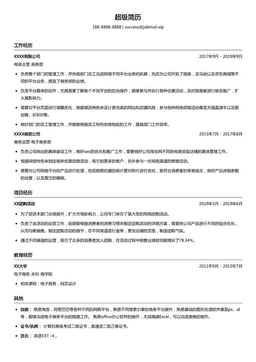 电商运营商务主管简历模板